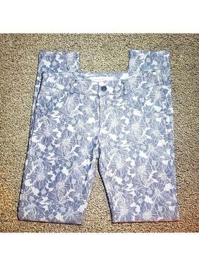 Floral Print Jeans Low Rose Blue Denim Chambray Light Wash Straight Leg Small